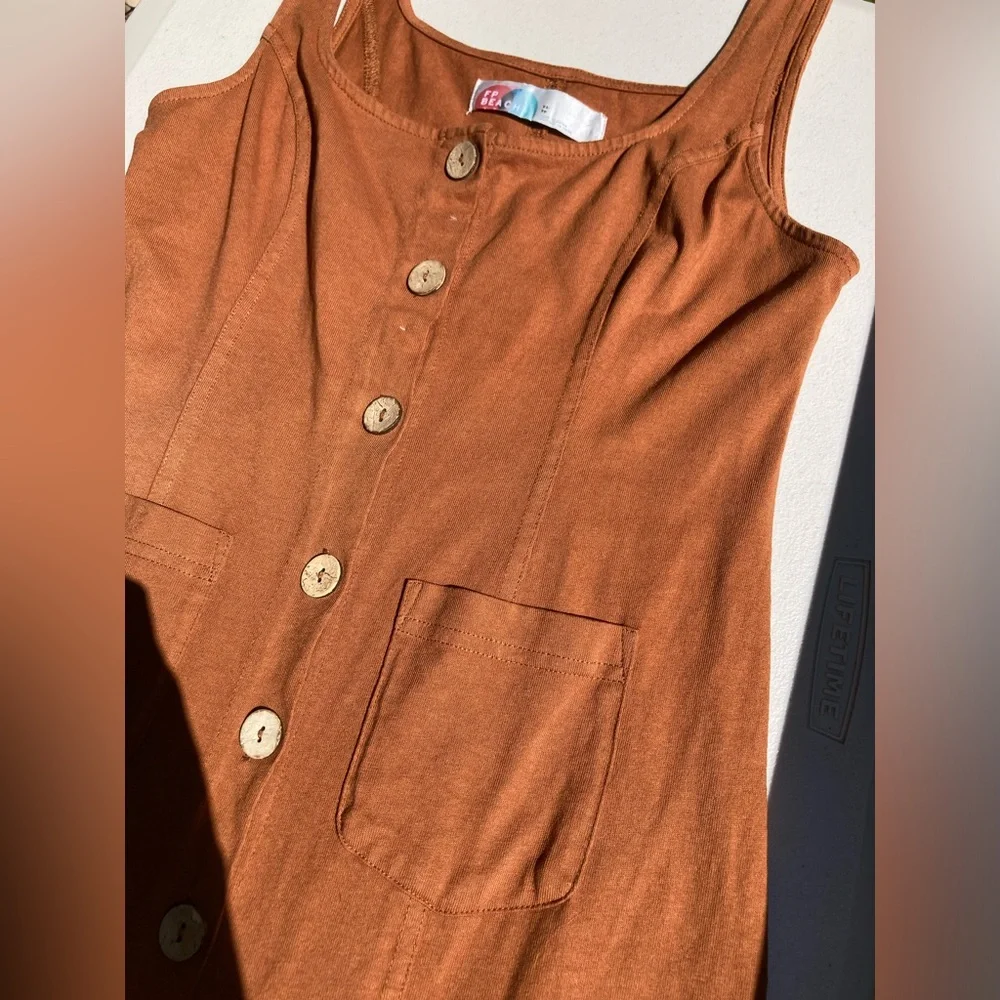Free People 100% Cotton Wooden Button Front Pocket Front Orange Brown Dress